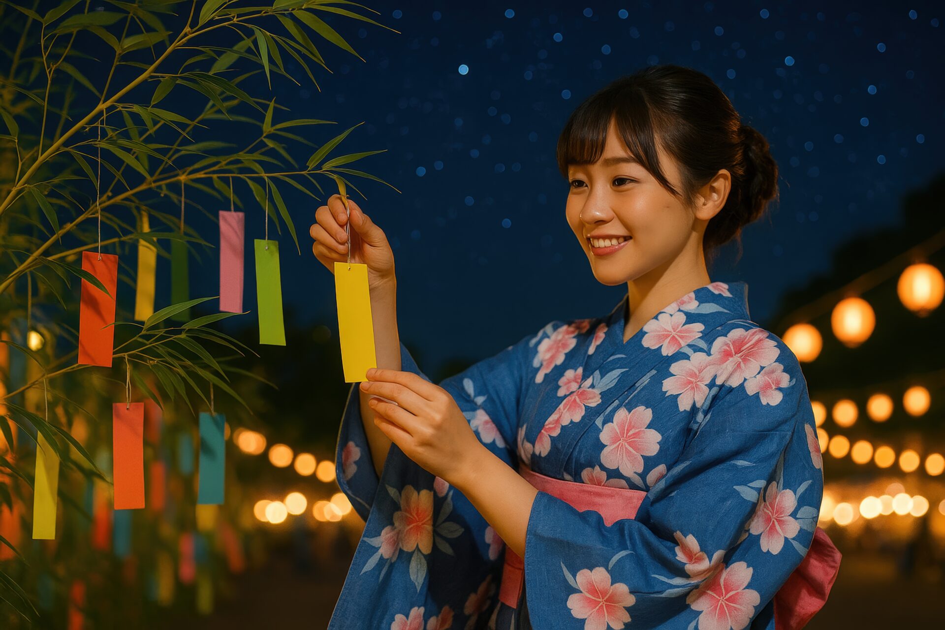 笹に願いを込めた短冊を結ぶ夜祭りの女性