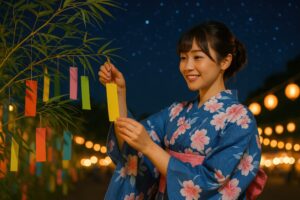 笹に願いを込めた短冊を結ぶ夜祭りの女性
