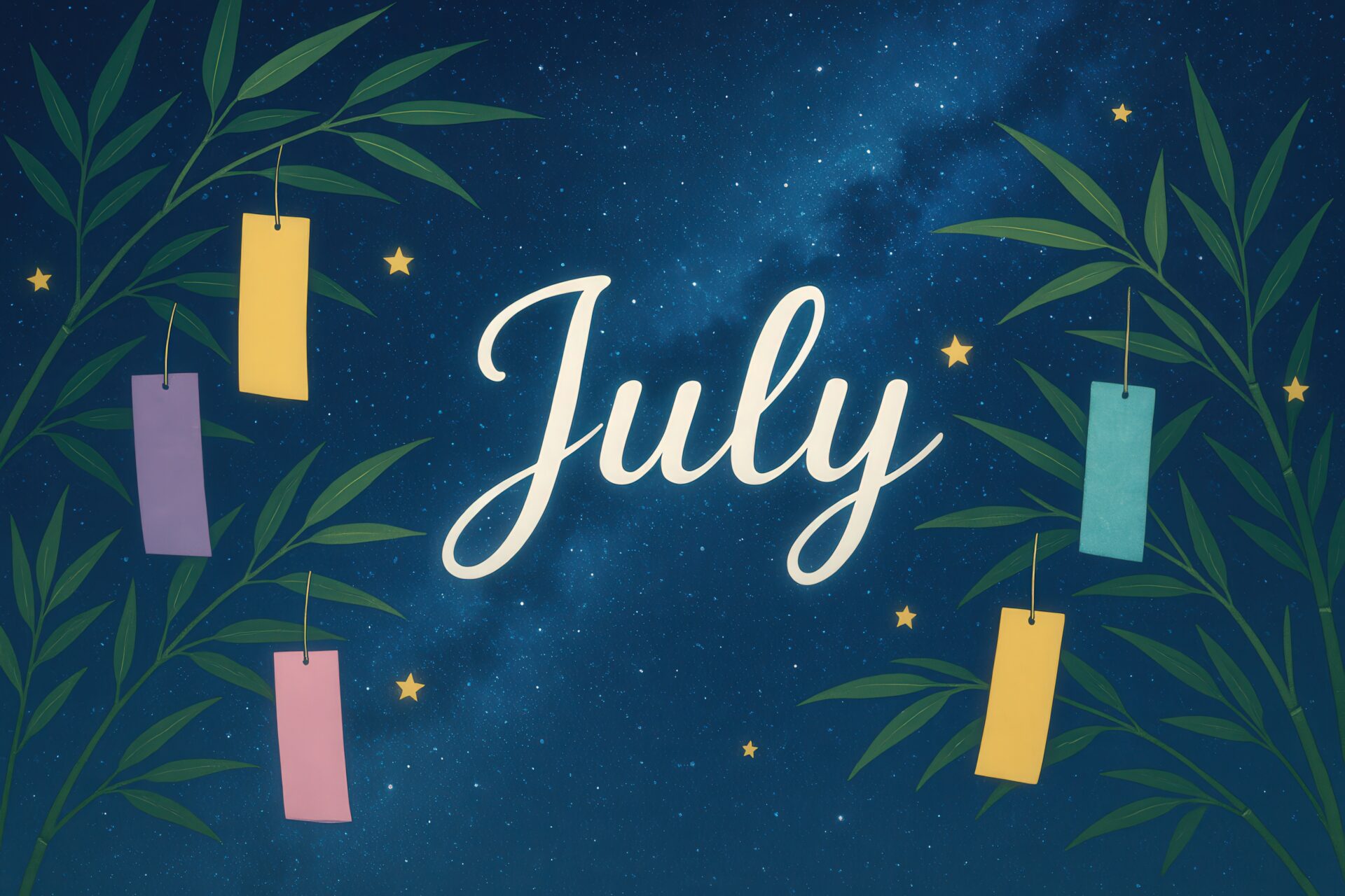 夜空に浮かぶ笹飾りとJulyの文字の七夕イラスト