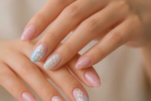 花柄とラメが可愛いパステルネイルの手元