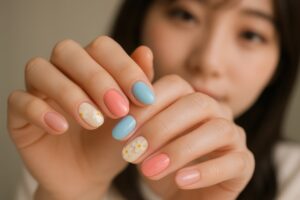 花柄ネイルを見せる女性の手元と顔のアップ