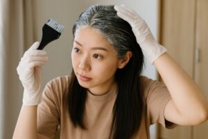 自宅で白髪を染める女性の手元と髪のアップ