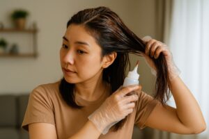 ヘアカラー剤を塗布する女性の横顔と髪の様子
