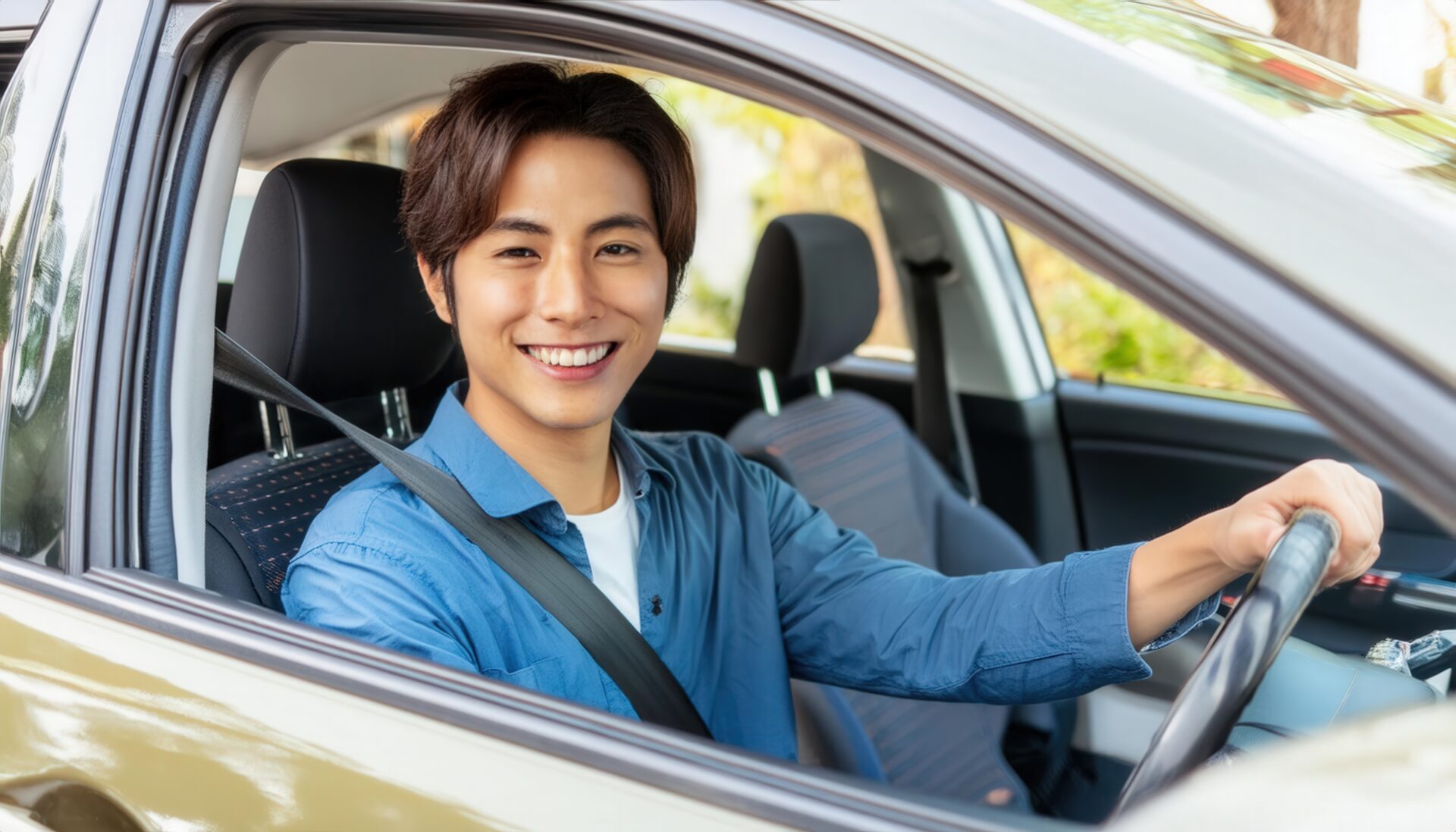 車を運転中の男性（青いシャツを着た男性・車外からの視点）