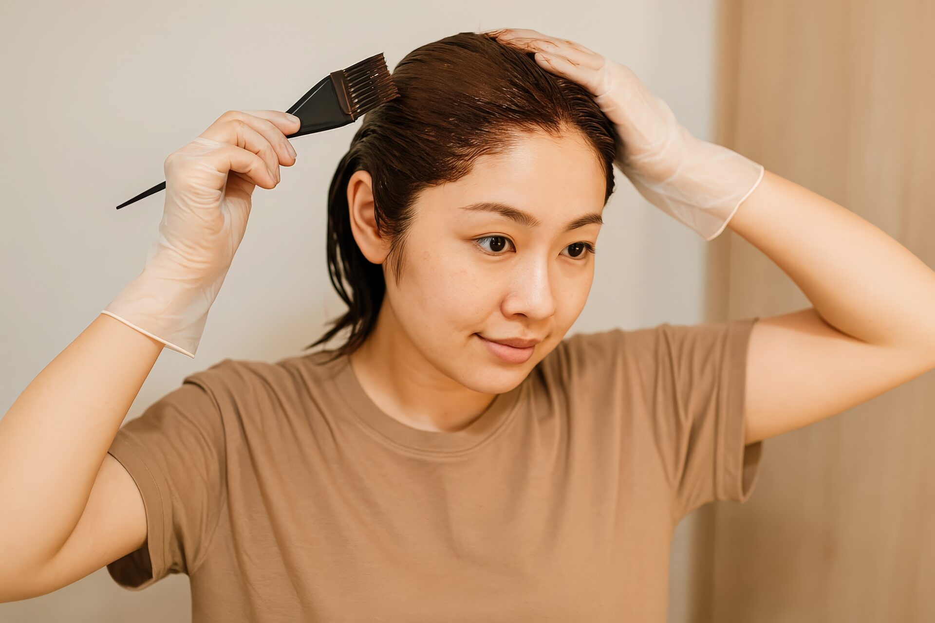 髪全体にカラー剤を塗る女性のセルフヘアカラー