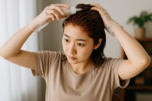 ヘアカラー剤を地肌に塗る女性の手元と髪の様子