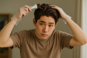 セルフで髪を染める男性の真剣な表情