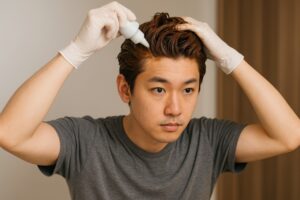 ヘアカラー剤を塗布する若い男性のセルフカラー