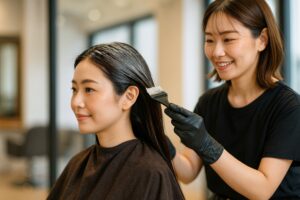 美容室で髪を染めてもらう女性と美容師の笑顔