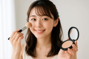 フェイスブラシでチークを塗る女性の笑顔