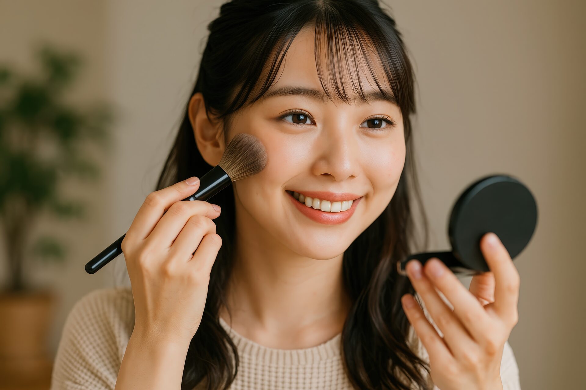 鏡を見ながらチークをのせる女性のアップ