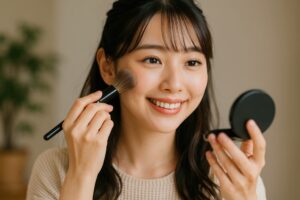 鏡を見ながらチークをのせる女性のアップ