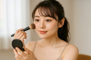 丁寧にチークを仕上げる女性のメイクシーン