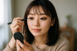 アイライナーで丁寧に目元を仕上げる女性