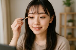 アイシャドウを塗る女性の自然な笑顔