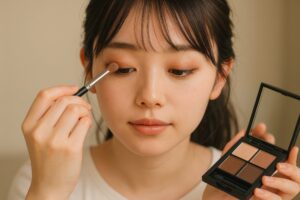 パレットから色を取りアイシャドウをのせる女性