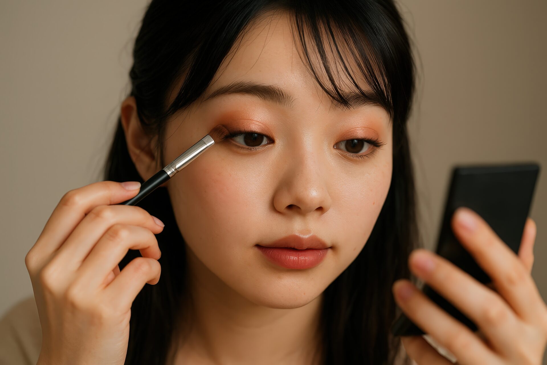 目元にアイシャドウを重ねるメイク中の女性