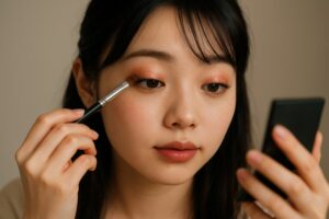 目元にアイシャドウを重ねるメイク中の女性