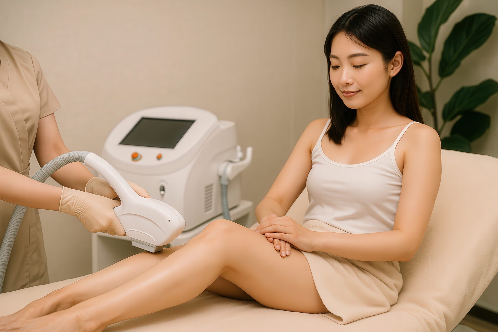 脱毛サロンで脚に光脱毛を受ける女性