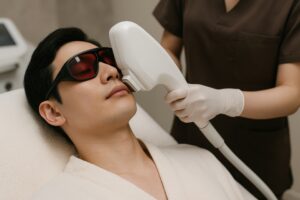 顔全体に光を当てるヒゲ脱毛中の男性