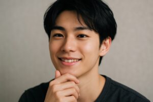 顎に手を添えて微笑む若い男性のアップ