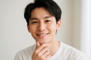明るい室内で顎に手を当てて笑顔を見せる若い男性