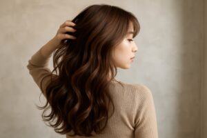 横顔でロングのブラウンヘアを手でかき上げる女性