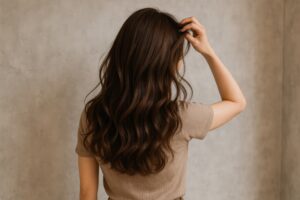 背を向けて髪をかき上げるブラウンヘアの女性