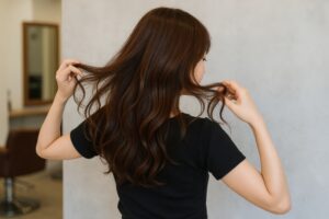 美容室で髪を広げるブラウンヘアの若い女性