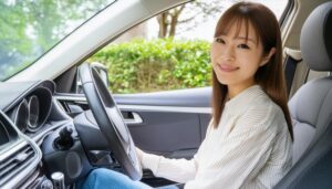車を運転中の女性（車内・自然豊かな背景）