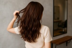 美容室で壁際に立つロングヘアのブラウンヘア女性