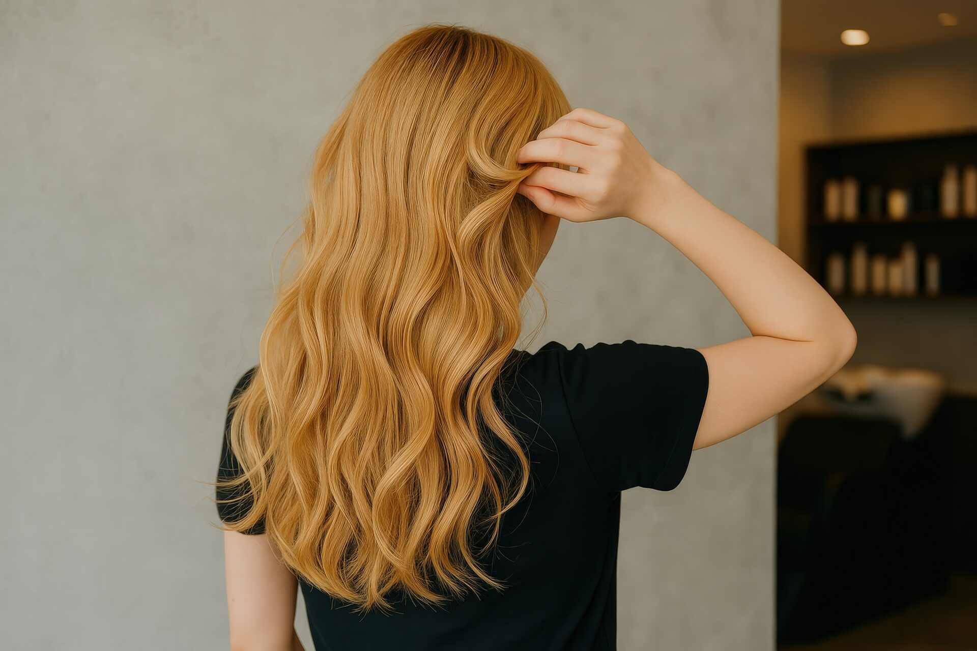 美容室で金髪のウェーブヘアを手で整える若い女性