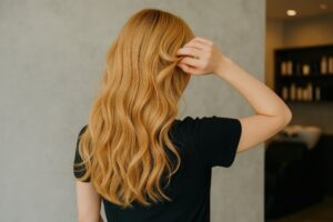 美容室で金髪のウェーブヘアを手で整える若い女性