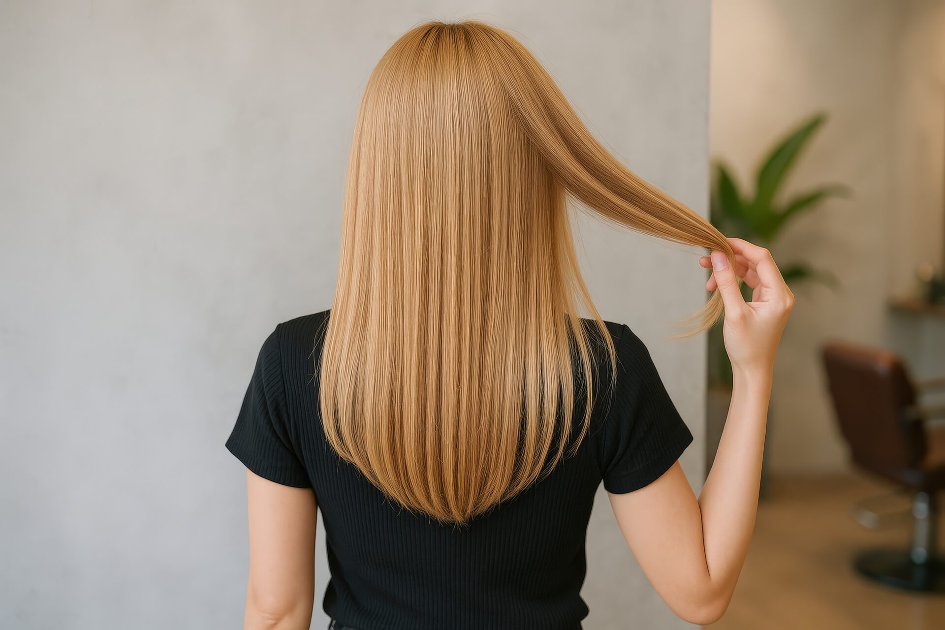 美容室で髪を手に取り見せるストレートな金髪女性