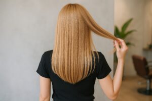 美容室で髪を手に取り見せるストレートな金髪女性