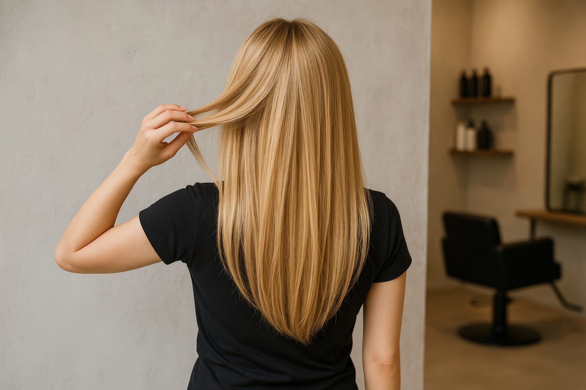 美容室でナチュラルな金髪ストレートヘアを見せる女性