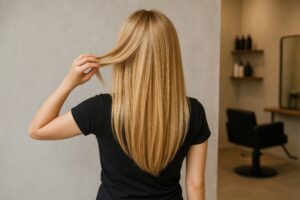 美容室でナチュラルな金髪ストレートヘアを見せる女性