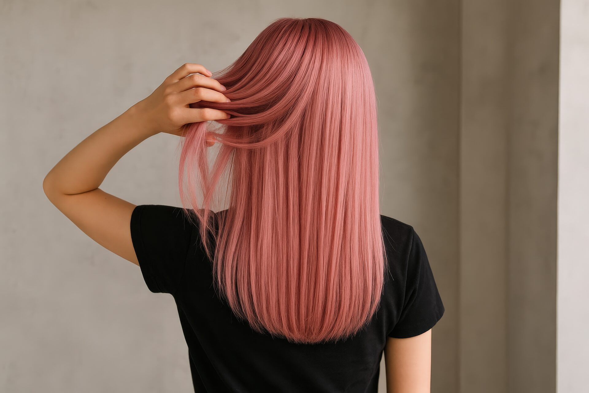 美容室でピンクのストレートヘアを見せる若い女性