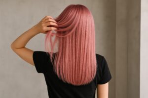 美容室でピンクのストレートヘアを見せる若い女性