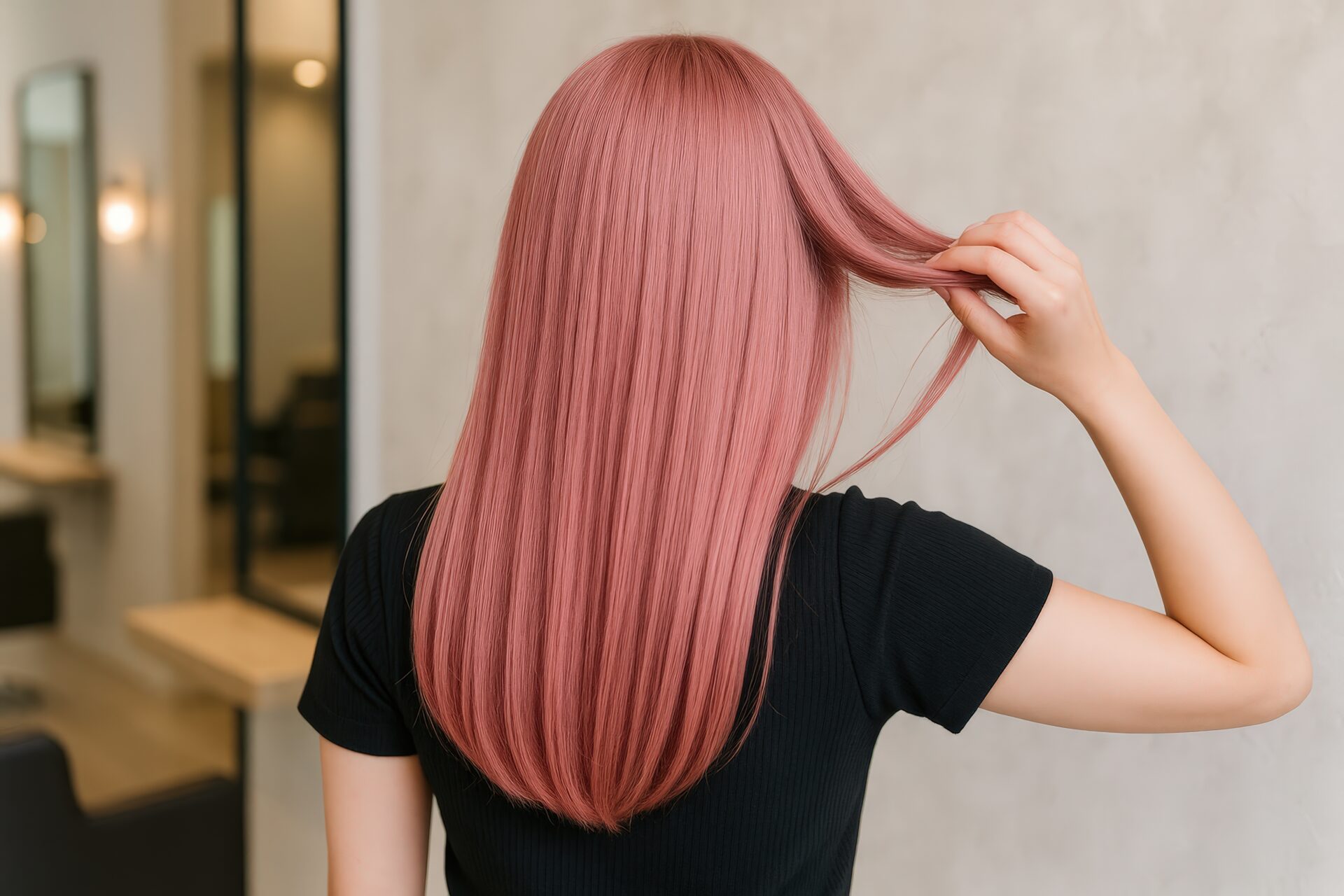 美容室でピンク髪を手に取るストレートロングの女性