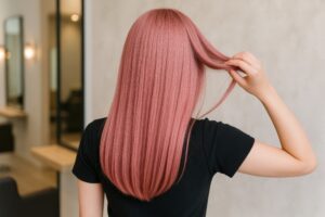 美容室でピンク髪を手に取るストレートロングの女性