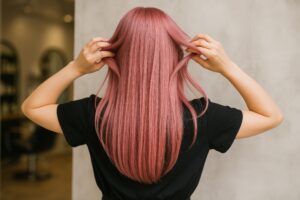 両手でピンクの髪を広げるストレートロングの女性