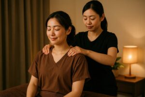 マッサージサロンで肩揉みを受けてリラックスする女性