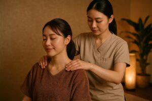 落ち着いた空間で肩の施術を受ける女性と施術者