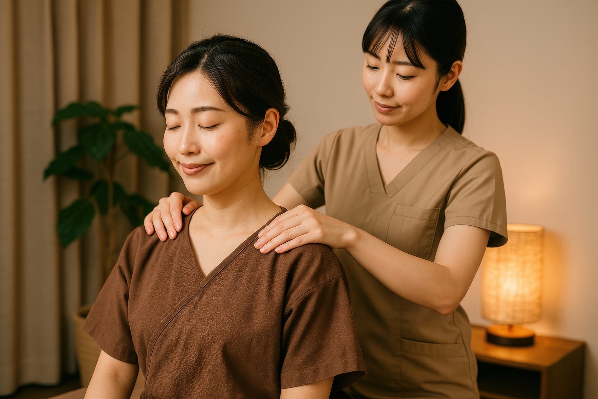 優しい照明の中でマッサージを受ける女性