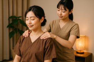 優しい照明の中でマッサージを受ける女性