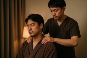 男性がリラクゼーションマッサージを受ける様子