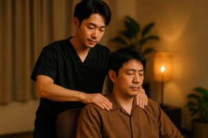 マッサージ師による丁寧な肩揉みを受ける男性