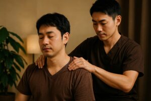 観葉植物のある室内で施術を受ける男性