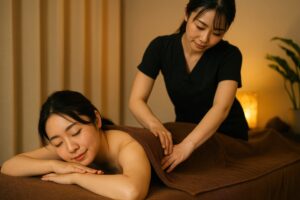 ベッドで横になりながら腰の施術を受ける女性